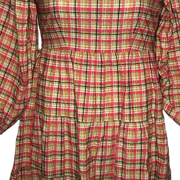 Topshop Check Plaid Smock Mini Dress Size 6 Y2K Babydoll Boho Puff Sleeve Retro - Picture 15 of 16